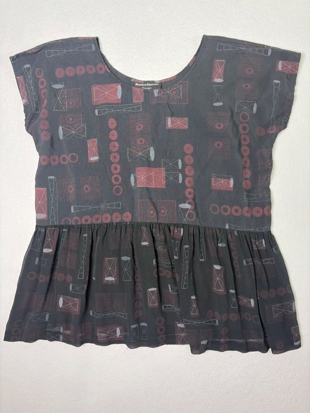 Monica Rezman Vintage Peplum Blouse Size M Wearable Art Geometric Modern